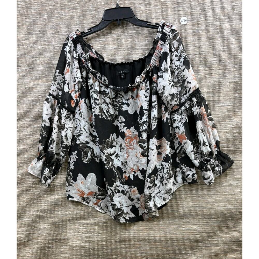 T.D.C. Off The Shoulder Floral Blouse Womens Size XL Black Multi Long Sleeve